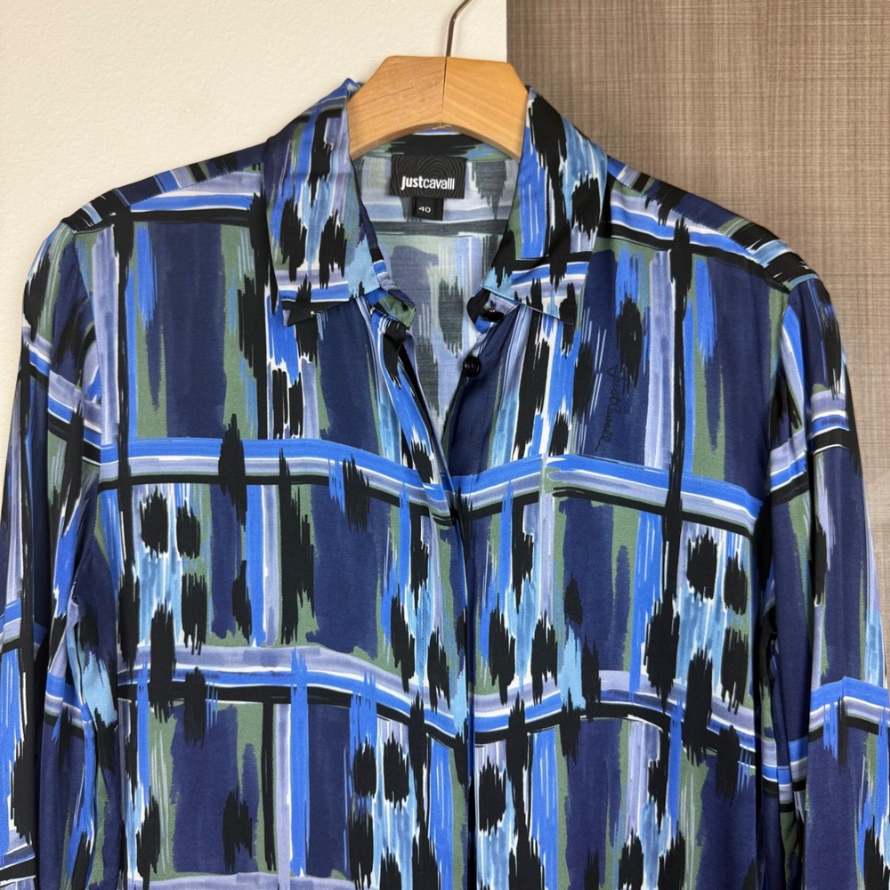 Just Cavalli Blue Black Patterned Button Down Blo… - image 3
